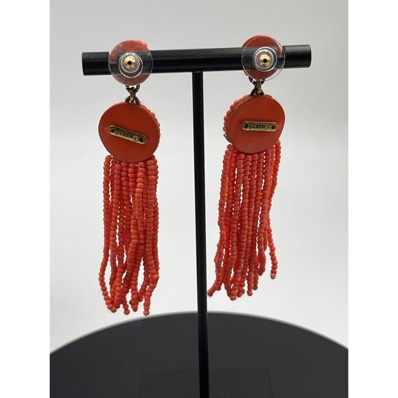 J. Crew Beaded Light Coral Orange Tassel Fringe Long Summer Spring Earrings - Picture 4 of 8